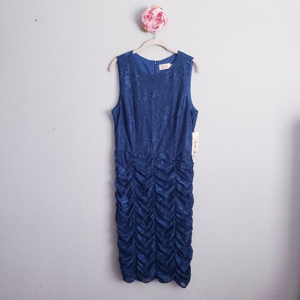 Eliza J. Blue Ruched Lace Dress